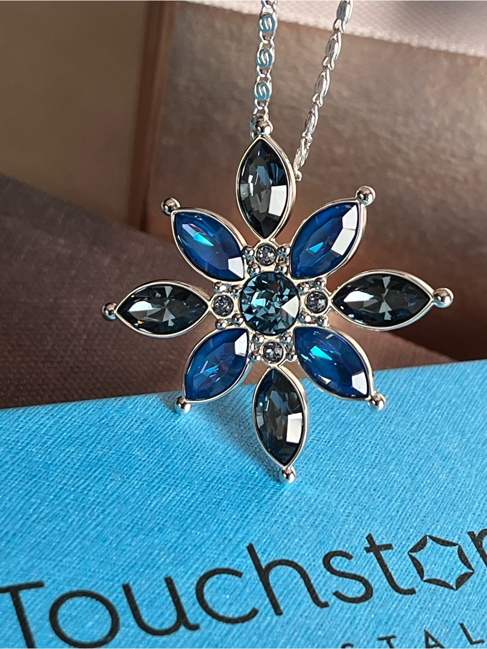 Touchstone Crystal Blue Summer Bloom Floral Starburst Pendant Necklace